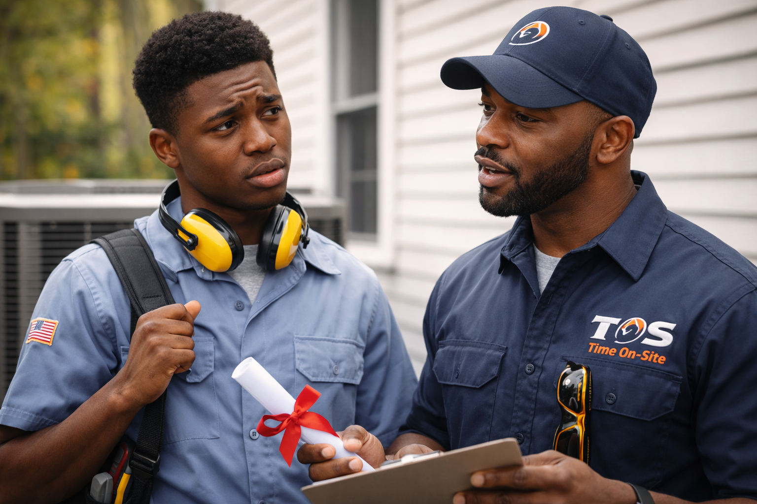 Experienced TOS technician mentoring an HVAC apprentice