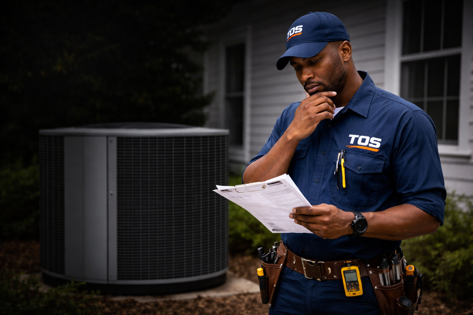 TOS HVAC technician reviewing paperwork on the job