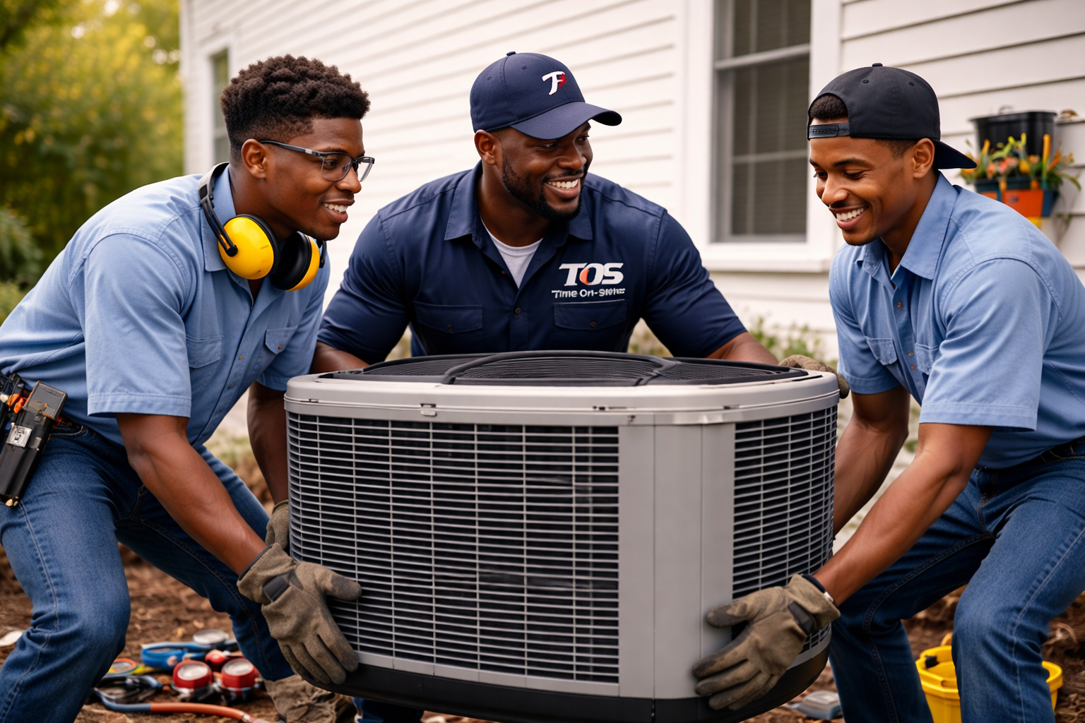 TOS technicians working together on a condenser installation